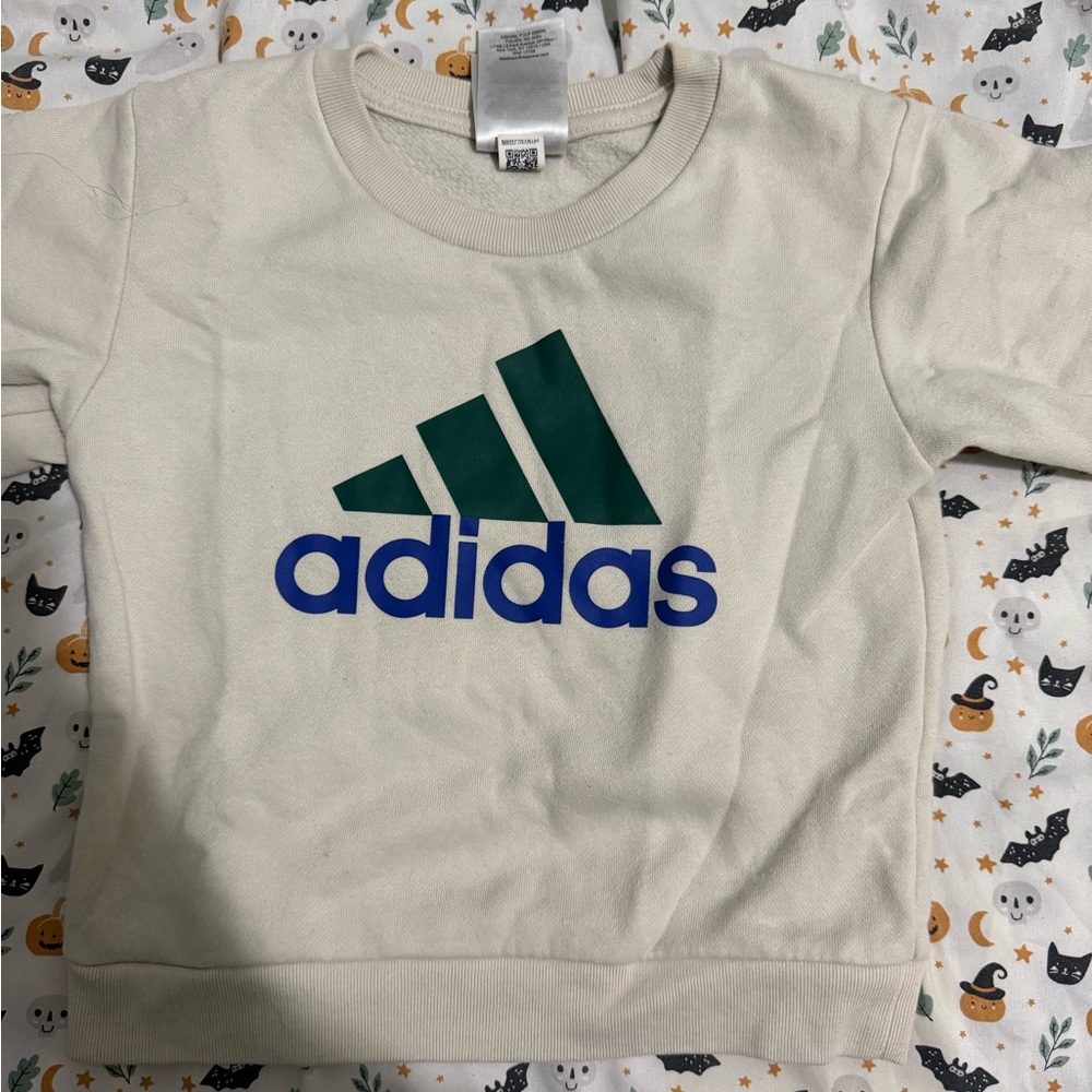 Adidas Kids Cream Sweatshirt with Blue Logo and green track pants set